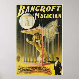 Poster magique vintage, Magicien Bancroft et Lion