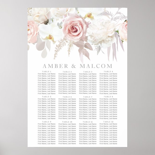 Poster Magnifique Blush Floral Mariage Carte de siège (Devant)