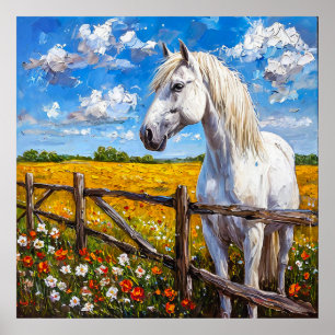 Poster Magnifique cheval blanc debout près d'une clôture 