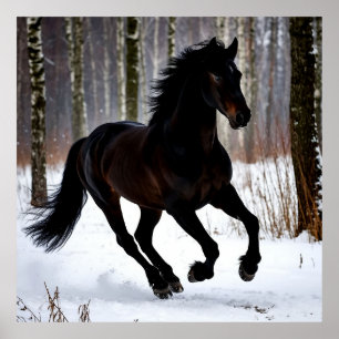Poster Magnifique cheval noir dans la neige