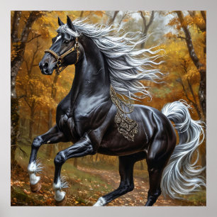Poster Magnifique cheval noir dans une forêt automnale