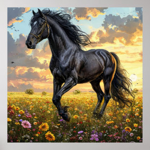 Poster Magnifique cheval noir galopant à travers un F vib