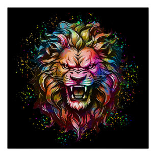 POSTER MAGNIFIQUE RUGISSEMENT DE LION ABSTRAIT GÉOMÉTRIQU
