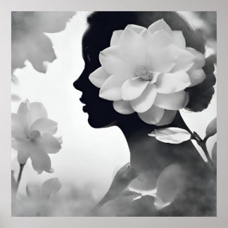 Poster Magnolia Blanc Rêveuse Fille Moderne Noir & Blanc
