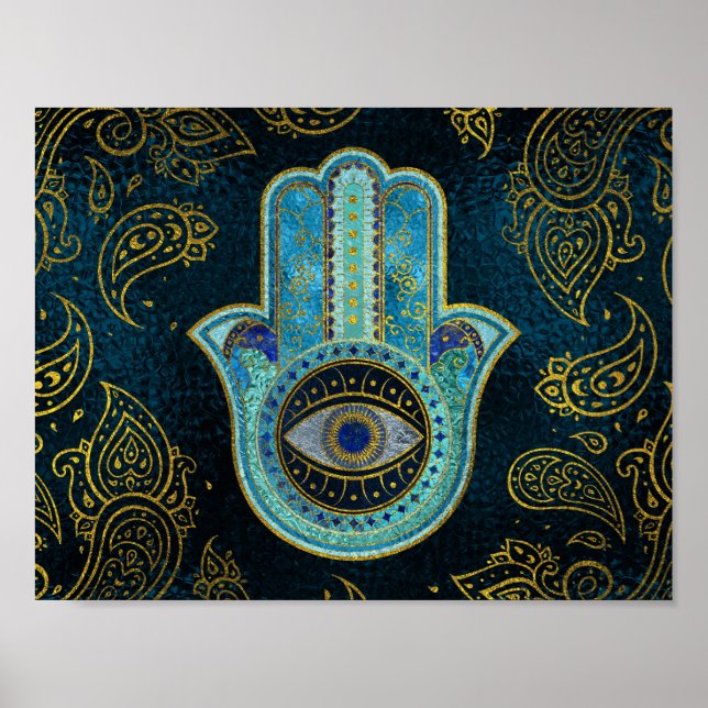 Poster Main Hamsa décorative avec arrière - plan cachemir (Devant)