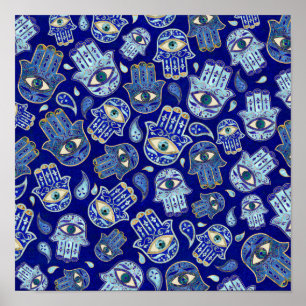 Poster Main Hamsa - Main de Fatima motif Minéraux Bleus