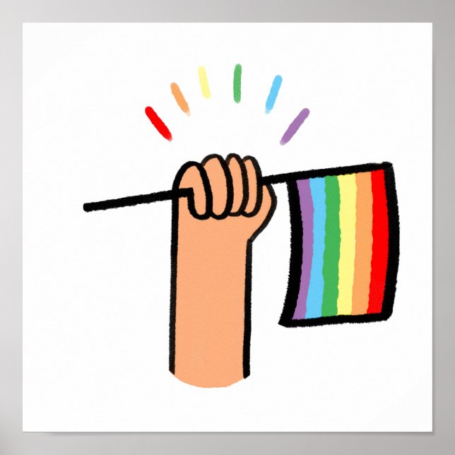 Poster Main tirée main agitant un drapeau arc en ciel (Devant)