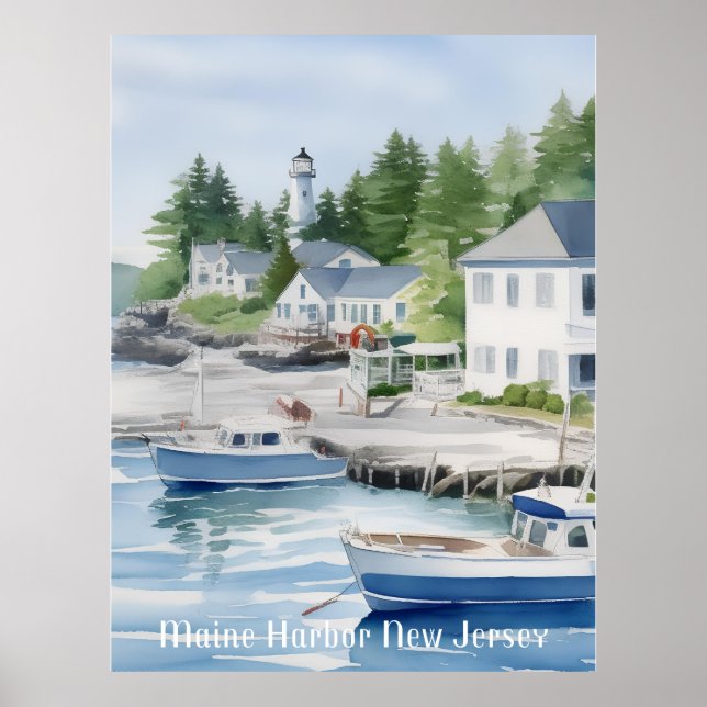Poster Maine Harbour New Jersey Watercolor Art (Devant)