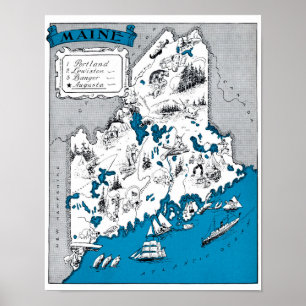 Poster Maine State Map Vintage Beach Decor Imprimer