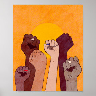 Poster Mains avec poing soulevées sur le soleil jaune