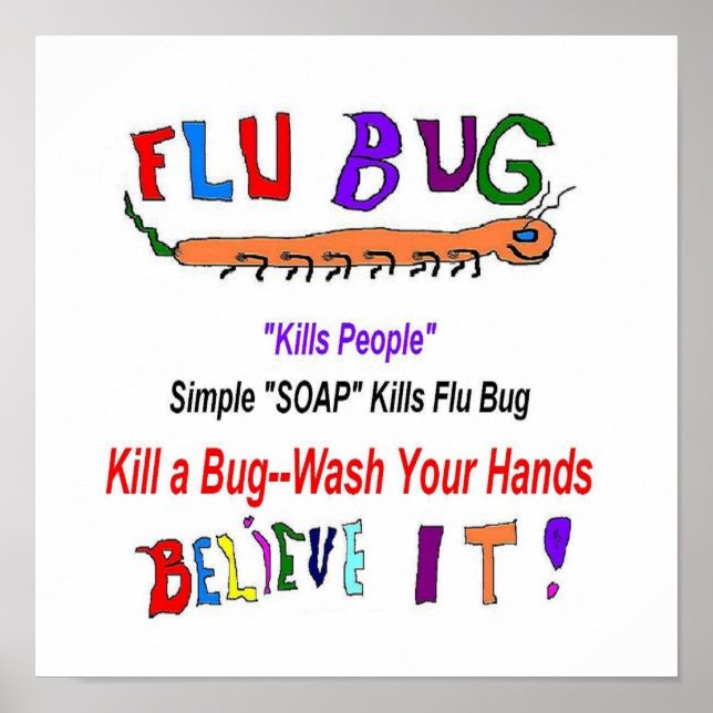 Poster Mains de lavage de bugs de grippe (Devant)