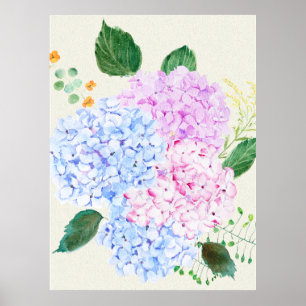 Poster Mains peintes bleu et rose hydrangée