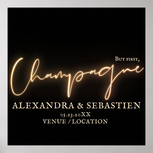 Poster Mais tout d'abord, Champagne Wedding Party Neon Dé (Devant)