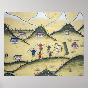 Poster Maison bhoutanaise avec peintures au tir à l'arc -