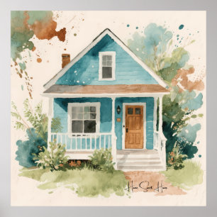 Poster Maison bleu sarcelle aquarelle Boho 