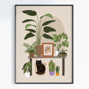 Poster Maison Cosy Moderne Amateur de Plantes Chat Noir E