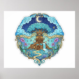 Poster Maison dans l'arbre sous la lune Fantastique illus