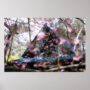 Poster Maison de bois à fleurs roses