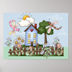 Poster Maison de campagne folklorique mignonne et clôture