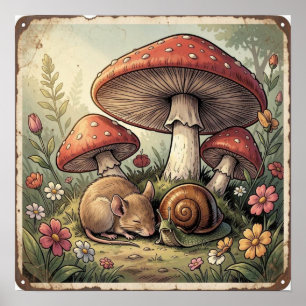 Poster Maison de Campagne Rétro Champignons et Faune