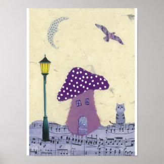 Poster Maison de champignon pourpre avec poteau à lampes 