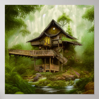 Poster Maison de cottage magique dans la forêt de la scèn