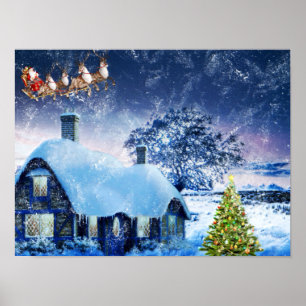 Poster Maison de Noël enneigée et Père Noël