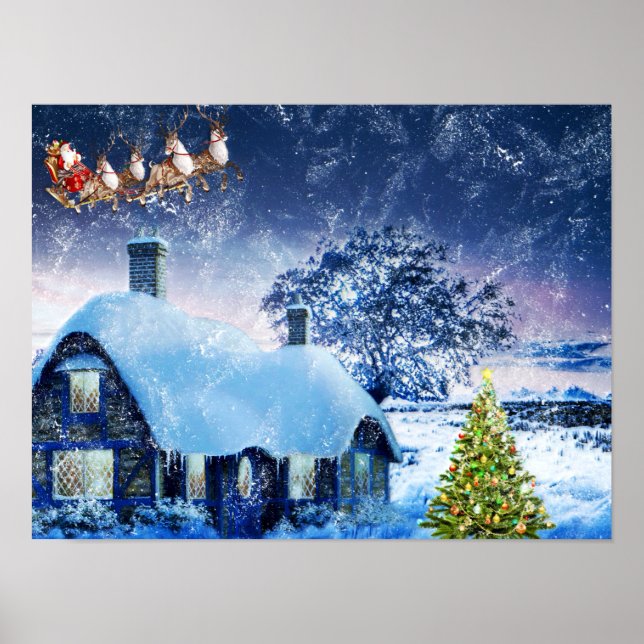 Poster Maison de Noël enneigée et Père Noël (Devant)