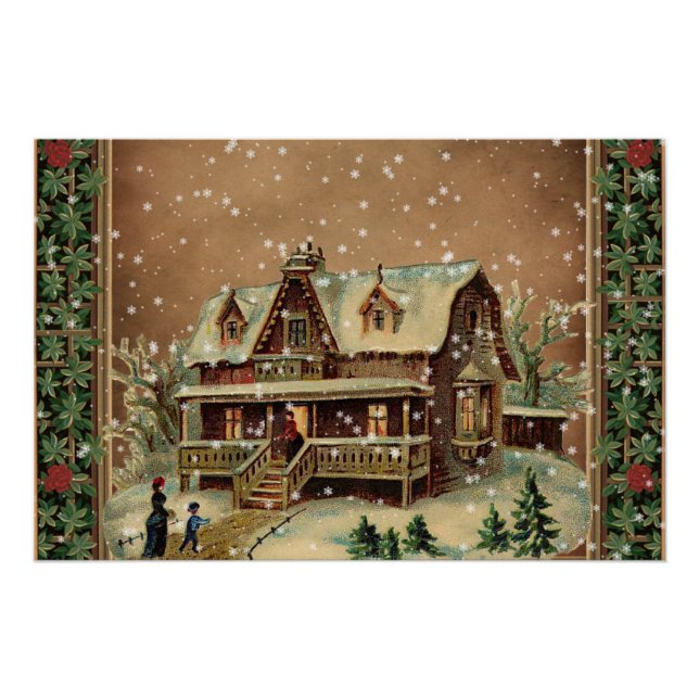 Poster Maison de Noël victorienne en hiver Illustration (Devant)