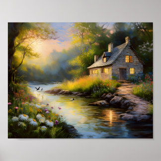 Poster Maison de pierre sur la rivière 1