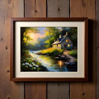 Poster Maison de pierre sur la rivière 1