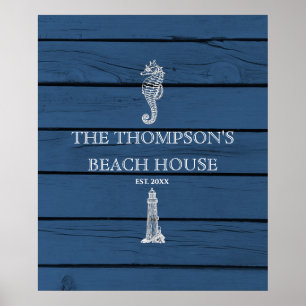 Poster Maison de plage Rustique Blue Wood Seahorse Lighth