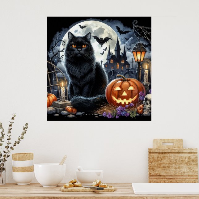 Poster Maison décorative Chat noir Halloween (Cuisine)