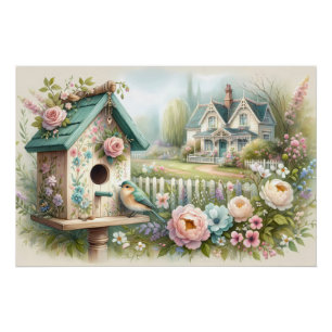 Poster Maison d'oiseaux Cottagecore avec Jardin Floral