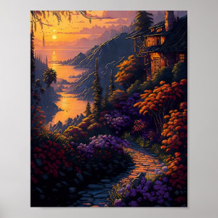Poster Maison entourée de fleurs et de montagnes