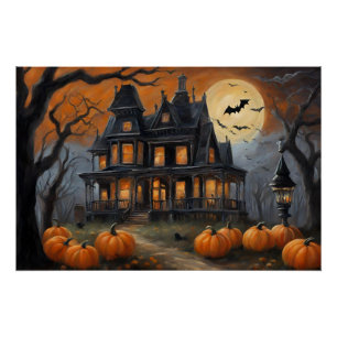 Poster Maison et Pleine lune d'Halloween vintage