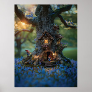 Poster Maison Gnome dans un arbre entouré de cloches bleu