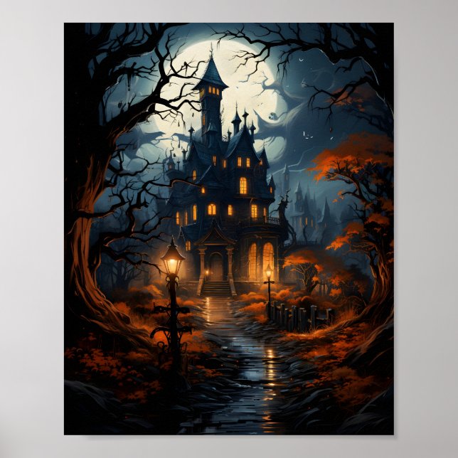 Poster Maison Hantée Avec Arbres Autour De La Nuit D'Hall (Devant)