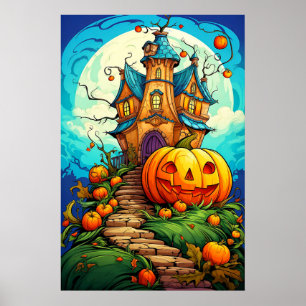 Poster Maison hantée Halloween gardée par citrouille