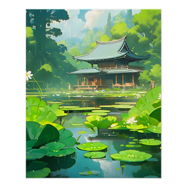 Poster Maison japonaise et lac avec des coussinets verts (Devant)