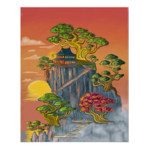 Poster Maison japonnaise et bonzaï sur les roches.