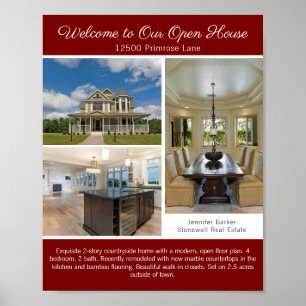 Poster Maison ouverte rouge Bienvenue Photo de biens immo