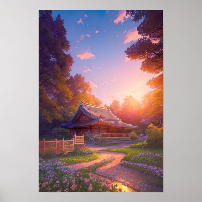 Poster Maison paisible en bois au coucher du soleil (Devant)