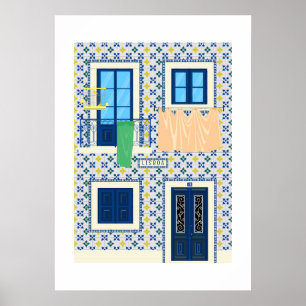 Poster Maison portugaise de Lisbonne avec tuiles et oisea