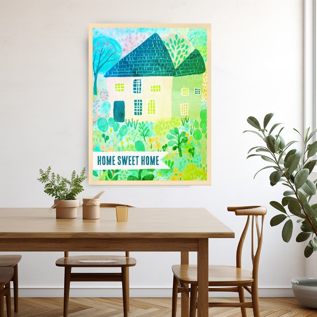 Poster MAISON SWEET HOME Maison personnalisée Jardin Illu (HOME SWEET HOME Custom House Garden Illustration Poster Watercolor Green Colorful)