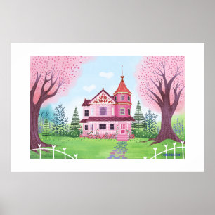 Poster Maison victorienne rose & Fleur de cerisier Grande