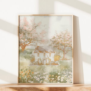 Poster Maison vintage dans l'Art Cottagecore Green Meadow
