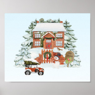 Poster Maison vintage Joyeux Noël Neige hiver Scène