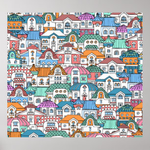 Poster Maisons à main : Motif Vintage coloré