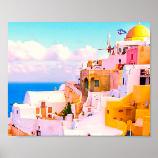Poster Maisons colorées Oia Santorin, Grèce Photographie
